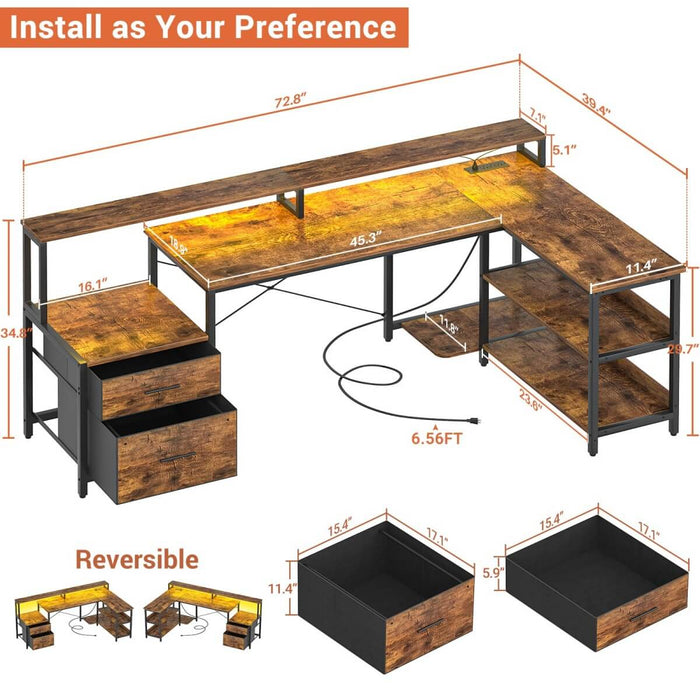 72.8'' Reversible L Shaped Desk with Outlets & LED Light, with File Drawers and Monitor Stand