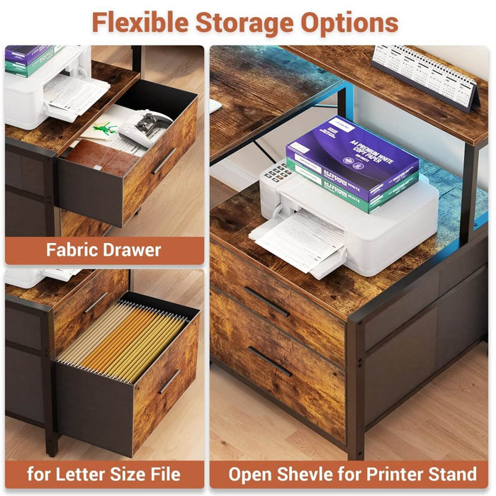 72.8'' Reversible L Shaped Desk with Outlets & LED Light, with File Drawers and Monitor Stand
