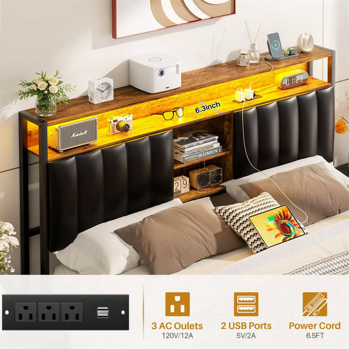 Full Size Bed Frame with Power Outlets & LED Lights, With Open Bookcase Storage