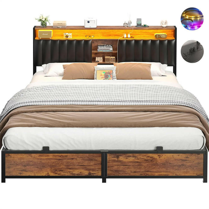 King Size Bed Frame with Power Outlets & LED Lights, With Open Bookcase Storage