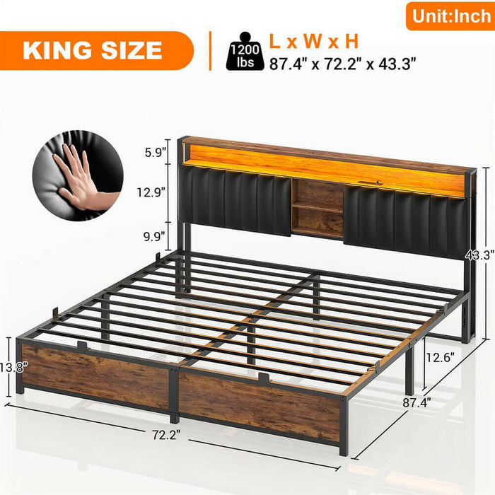 King Size Bed Frame with Power Outlets & LED Lights, With Open Bookcase Storage