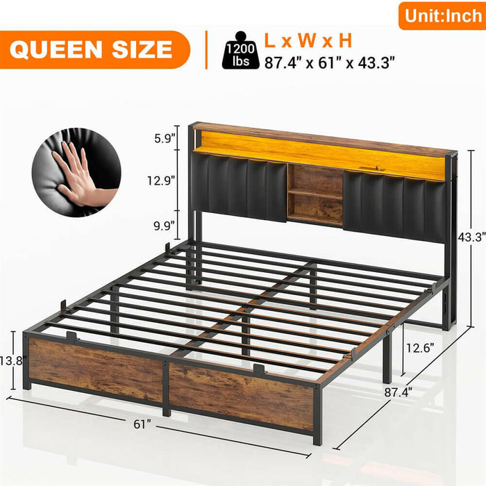 Queen Size Bed Frame with Power Outlets & LED Lights, With Open Bookcase Storage