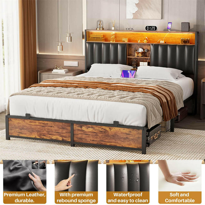 Queen Size Bed Frame with Power Outlets & LED Lights, With Open Bookcase Storage
