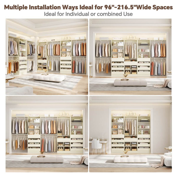 Closet Organizer System Set of 3, with 9 Wooden Drawers & 8 Hanging Rods, Adjustable