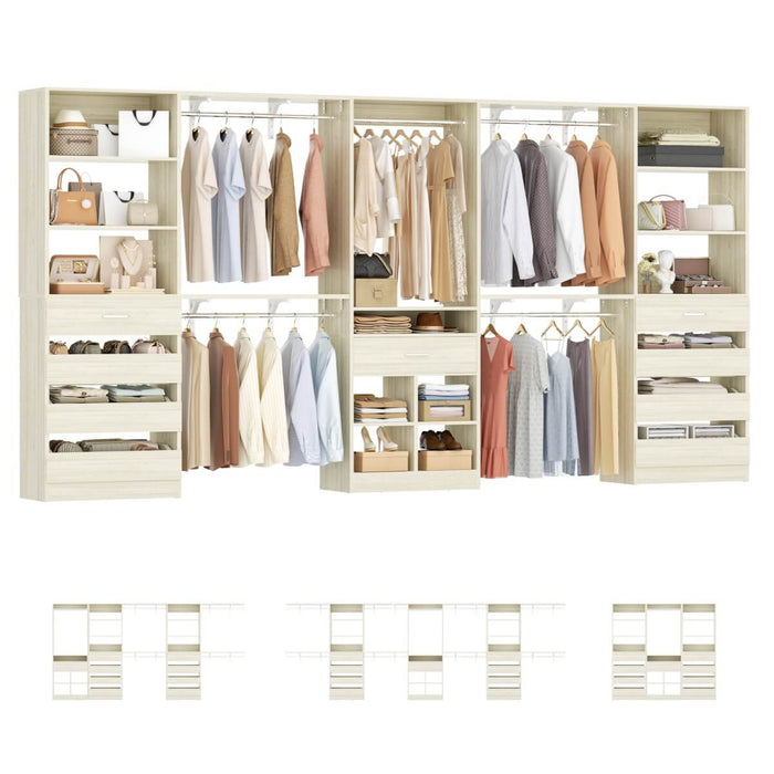 Closet Organizer System Set of 3, with 9 Wooden Drawers & 8 Hanging Rods, Adjustable