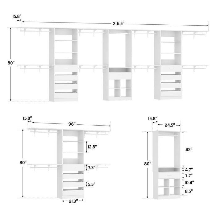 Closet Organizer System Set of 3, with 9 Wooden Drawers & 8 Hanging Rods, Adjustable