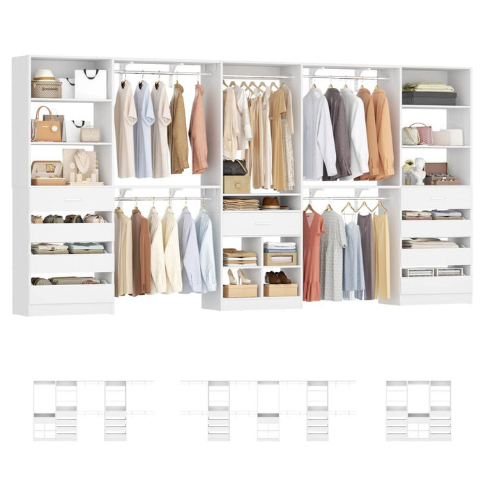 Closet Organizer System Set of 3, with 9 Wooden Drawers & 8 Hanging Rods, Adjustable