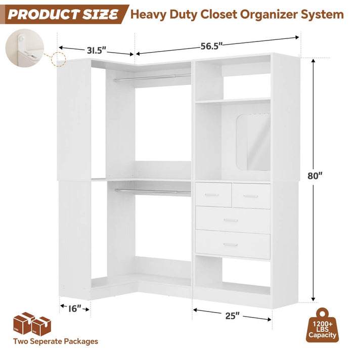 56.5 Inch Corner Closet Organizer System with 4 Drawers