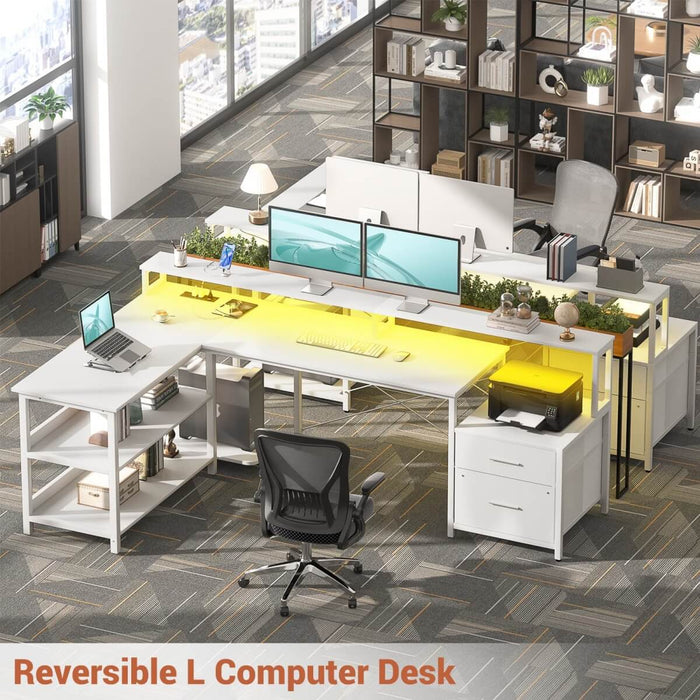 72.8'' Reversible L Shaped Desk with Outlets & LED Light, with File Drawers and Monitor Stand