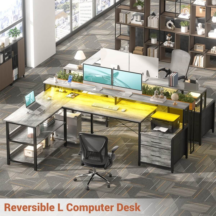 72.8'' Reversible L Shaped Desk with Outlets & LED Light, with File Drawers and Monitor Stand