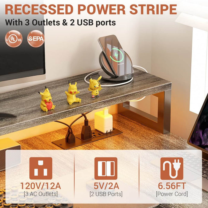 72.8'' Reversible L Shaped Desk with Outlets & LED Light, with File Drawers and Monitor Stand