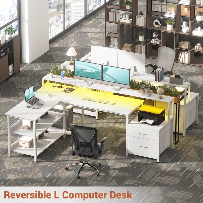 67'' L Shaped Desk with Drawer, Power Outlets & LED Strip, Reversible