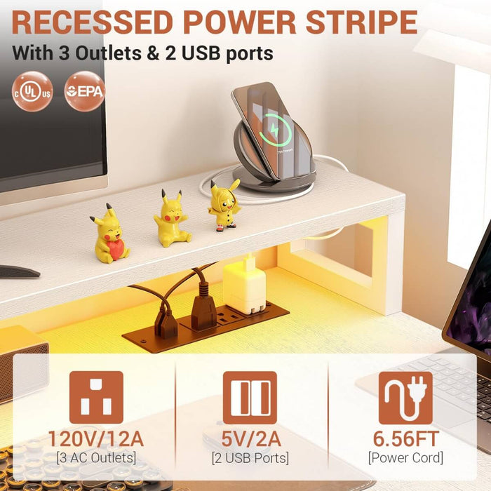 67'' L Shaped Desk with Drawer, Power Outlets & LED Strip, Reversible