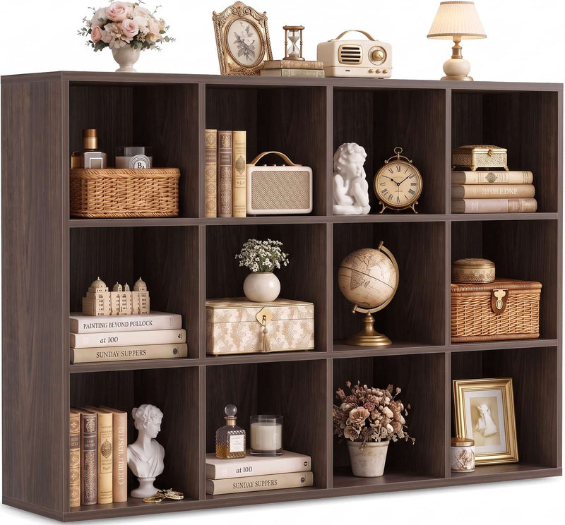47.7" Wide 12-Cube Storage Shelf Bookcase, Wooden Open Organizer with Full Back Panel, Fits 11x11" Bins, Bookcase for Home Office, Bedroom