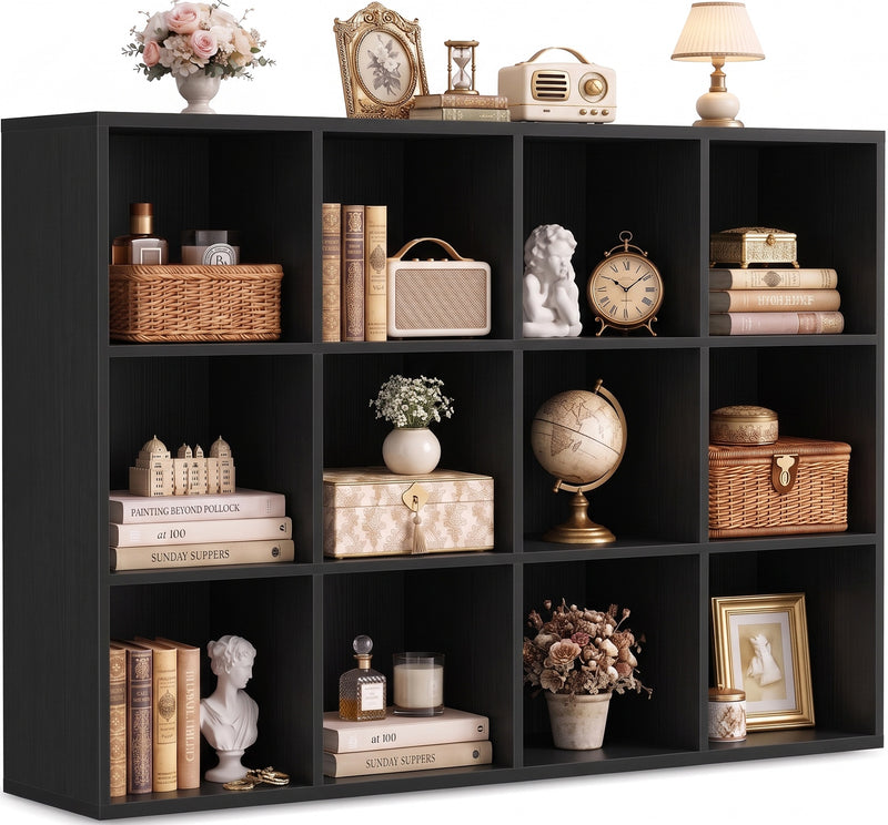 47.7" Wide 12-Cube Storage Shelf Bookcase, Wooden Open Organizer with Full Back Panel, Fits 11x11" Bins, Bookcase for Home Office, Bedroom