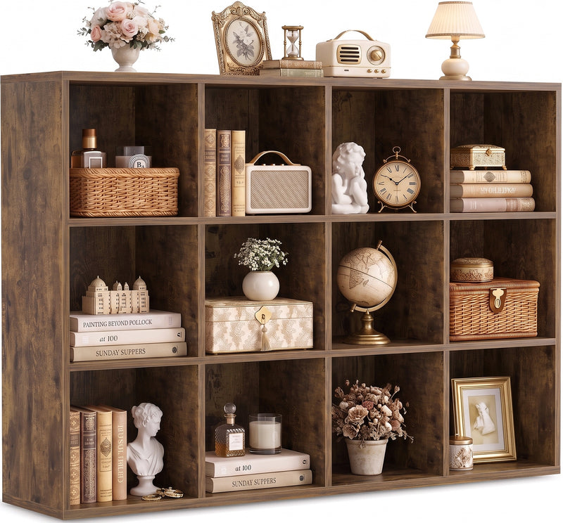 47.7" Wide 12-Cube Storage Shelf Bookcase, Wooden Open Organizer with Full Back Panel, Fits 11x11" Bins, Bookcase for Home Office, Bedroom