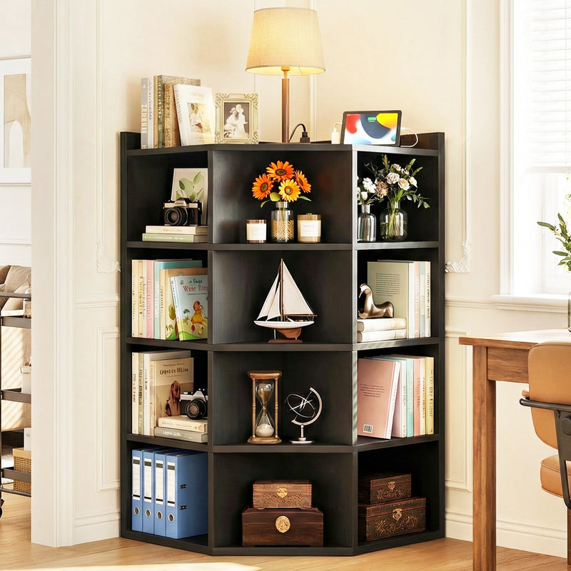 4-Tier 15 Cube Corner Bookshelf with Power Outlets