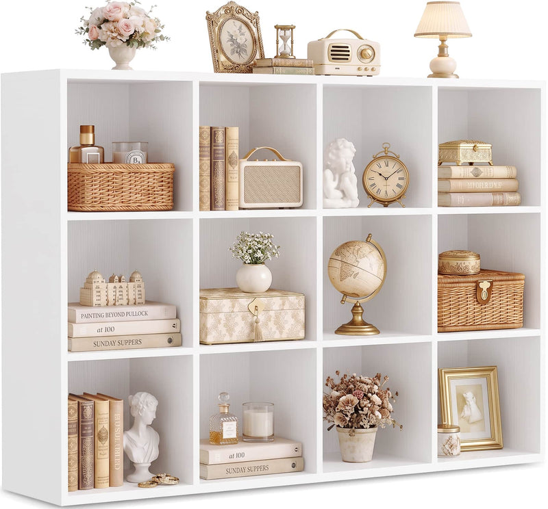 47.7" Wide 12-Cube Storage Shelf Bookcase, Wooden Open Organizer with Full Back Panel, Fits 11x11" Bins, Bookcase for Home Office, Bedroom
