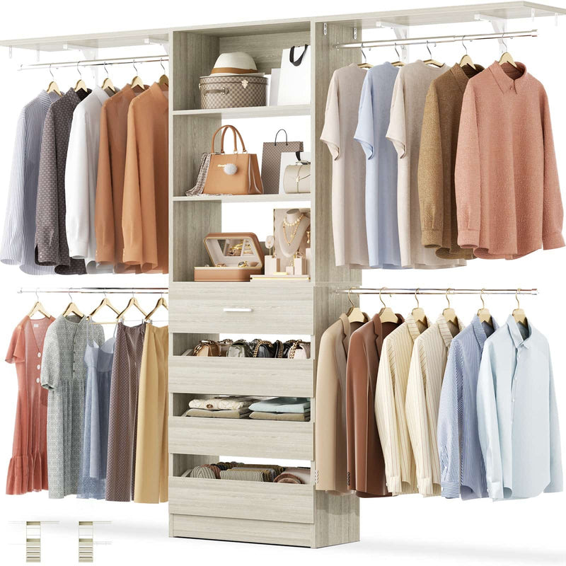 Closet System with 4 Drawers, 8FT Wood Closet Organizer Built In System Tower with Shelves & 4 Rods