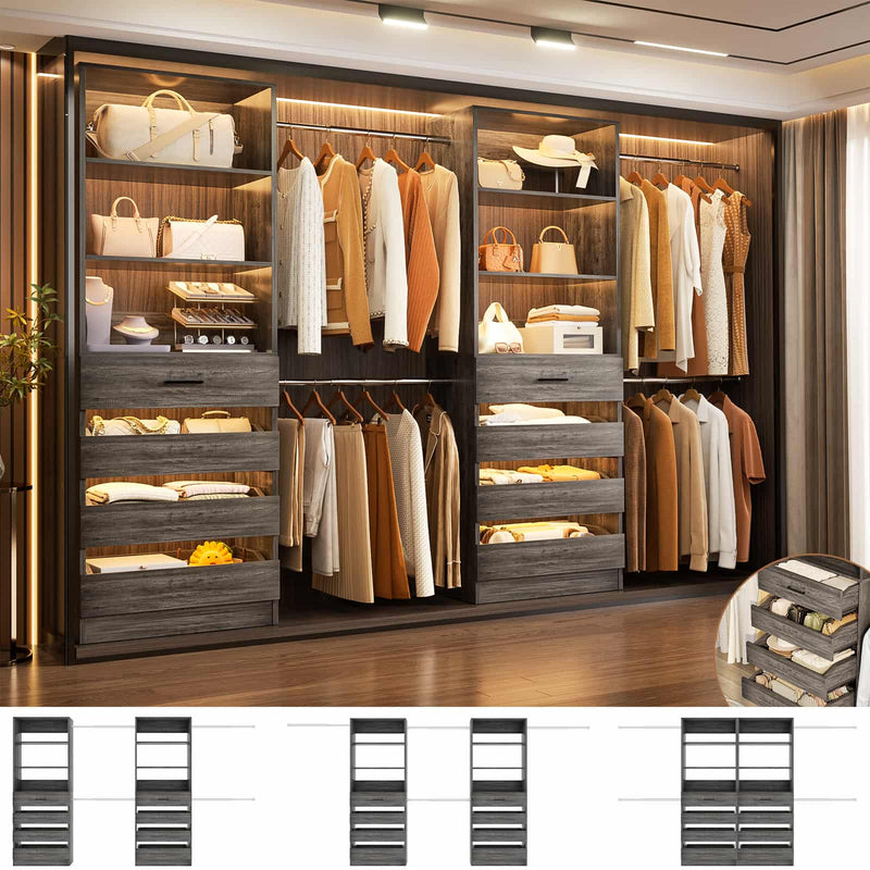 Modular Wood Closet Organizer System (6-15 ft) with 8 Drawers & 4 Hanging Rods
