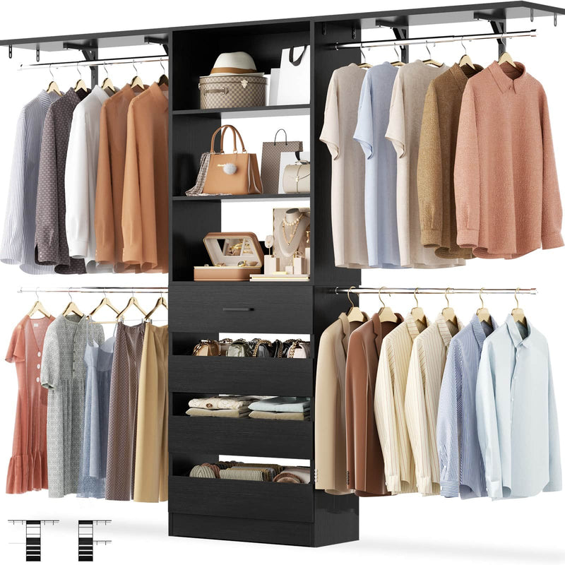 Closet System with 4 Drawers, 8FT Wood Closet Organizer Built In System Tower with Shelves & 4 Rods