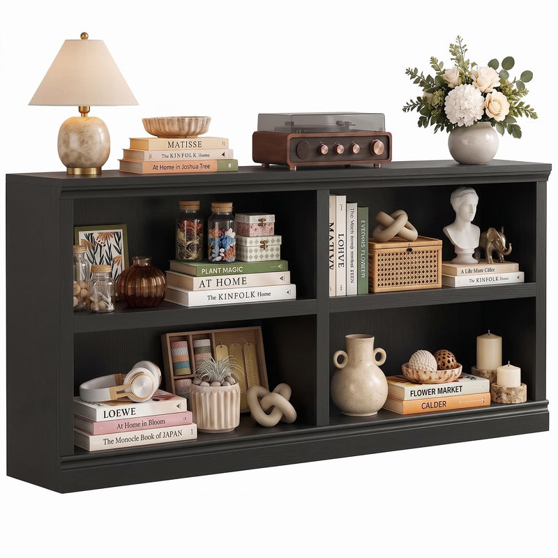 47" Wide Horizontal Bookshelf, 2-Tier 4 Cube Wooden Low Bookcase, Short Open Storage Organizer & TV Stand for Living Room, Home Office