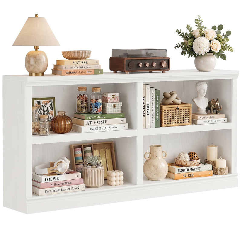 47" Wide Horizontal Bookshelf, 2-Tier 4 Cube Wooden Low Bookcase, Short Open Storage Organizer & TV Stand for Living Room, Home Office