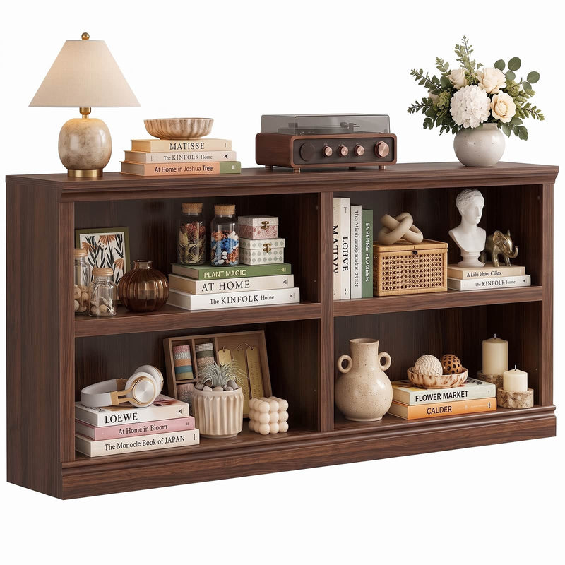47" Wide Horizontal Bookshelf, 2-Tier 4 Cube Wooden Low Bookcase, Short Open Storage Organizer & TV Stand for Living Room, Home Office