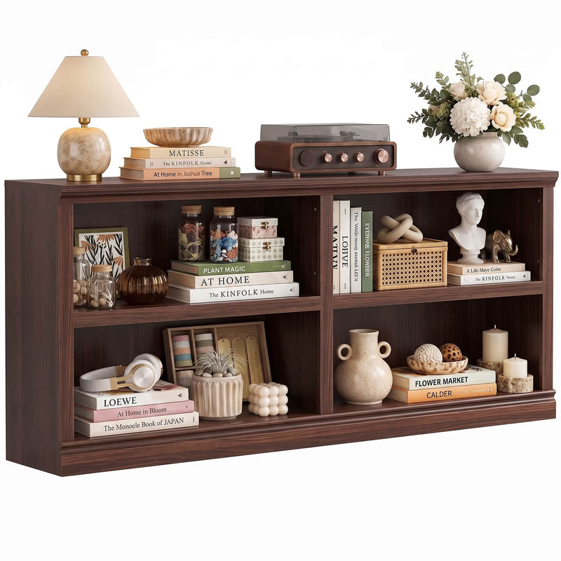 63" Wide Horizontal Bookshelf, 2-Tier 4 Cube Wooden Low Bookcase, Modern Long Open Storage Organizer Cabinet & TV Stand for Living Room, Home Office