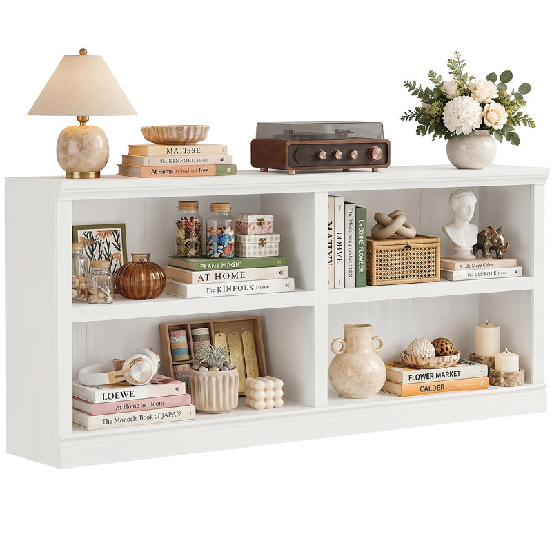 63" Wide Horizontal Bookshelf, 2-Tier 4 Cube Wooden Low Bookcase, Modern Long Open Storage Organizer Cabinet & TV Stand for Living Room, Home Office
