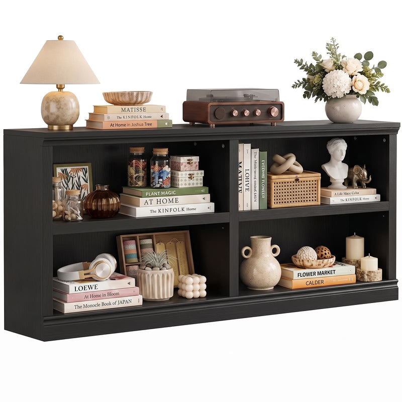 63" Wide Horizontal Bookshelf, 2-Tier 4 Cube Wooden Low Bookcase, Modern Long Open Storage Organizer Cabinet & TV Stand for Living Room, Home Office