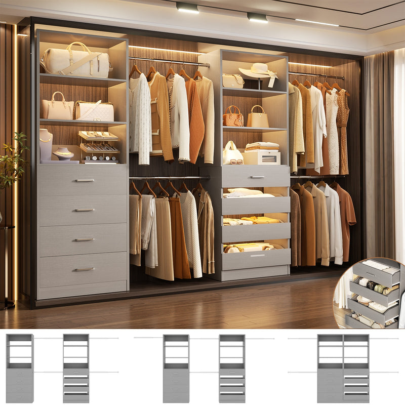 Modular Wood Closet Organizer System (6-15 ft) with 8 Drawers & 4 Hanging Rods