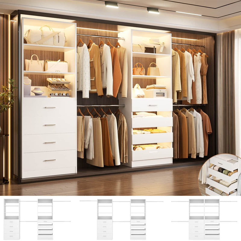 Modular Wood Closet Organizer System (6-15 ft) with 8 Drawers & 4 Hanging Rods