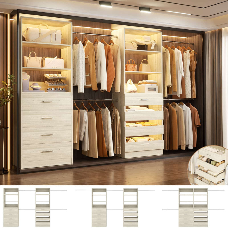 Modular Wood Closet Organizer System (6-15 ft) with 8 Drawers & 4 Hanging Rods