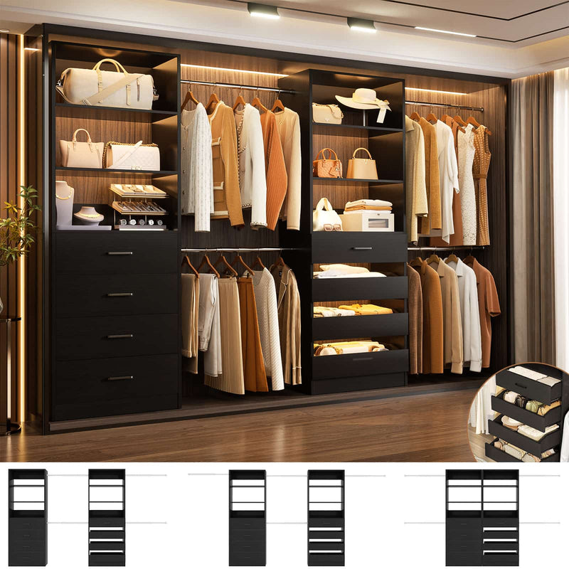 Modular Wood Closet Organizer System (6-15 ft) with 8 Drawers & 4 Hanging Rods