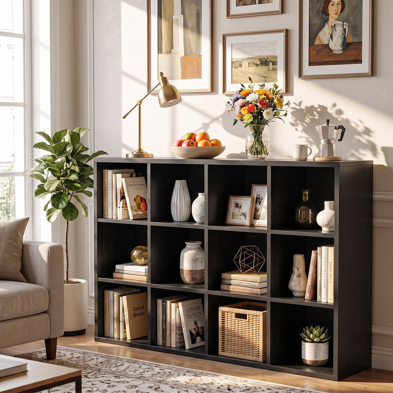 47.7" Wide 12-Cube Storage Shelf Bookcase, Wooden Open Organizer with Full Back Panel, Fits 11x11" Bins, Bookcase for Home Office, Bedroom