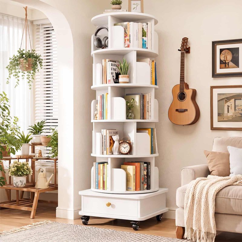 5-Tier Rotating Bookshelf, Corner Book Shelf with Drawer & Wheels, 70" Tall Solid Wood Spinning Bookcase