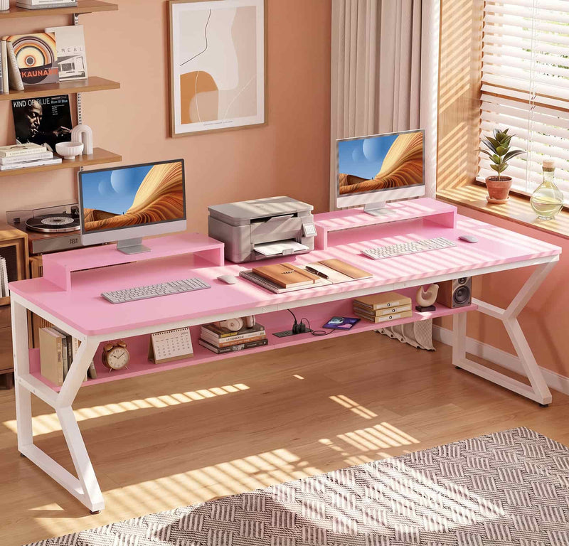 71-Inch Two-Person Computer Desk with Power Outlets, Storage Shelf