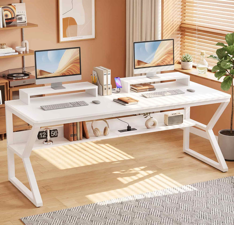 63-Inch Two-Person Computer Desk with Power Outlets, Storage Shelf