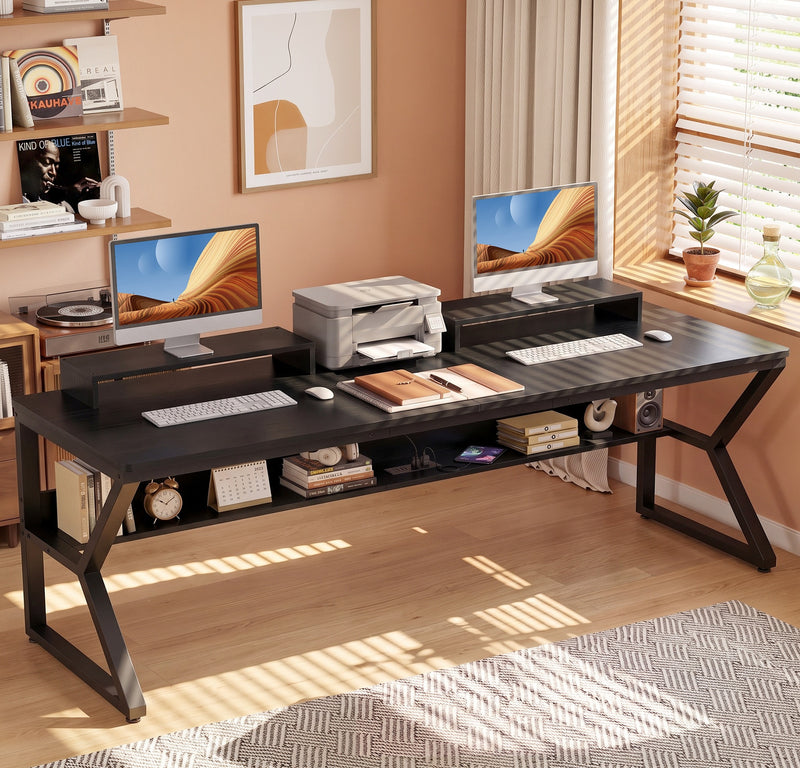 71-Inch Two-Person Computer Desk with Power Outlets, Storage Shelf