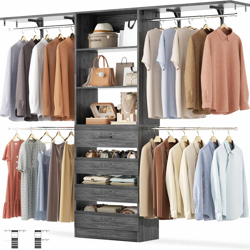Closet System with 4 Drawers, 8FT Wood Closet Organizer Built In System Tower with Shelves & 4 Rods