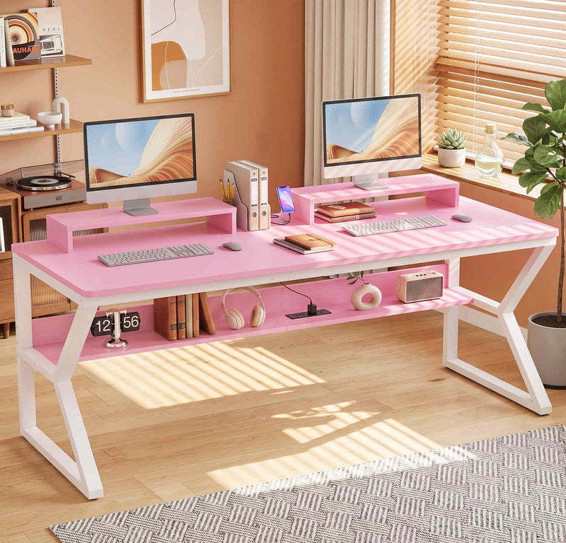 63-Inch Two-Person Computer Desk with Power Outlets, Storage Shelf