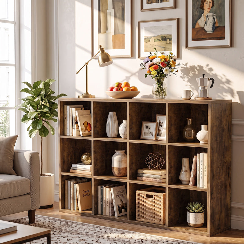 47.7" Wide 12-Cube Storage Shelf Bookcase, Wooden Open Organizer with Full Back Panel, Fits 11x11" Bins, Bookcase for Home Office, Bedroom