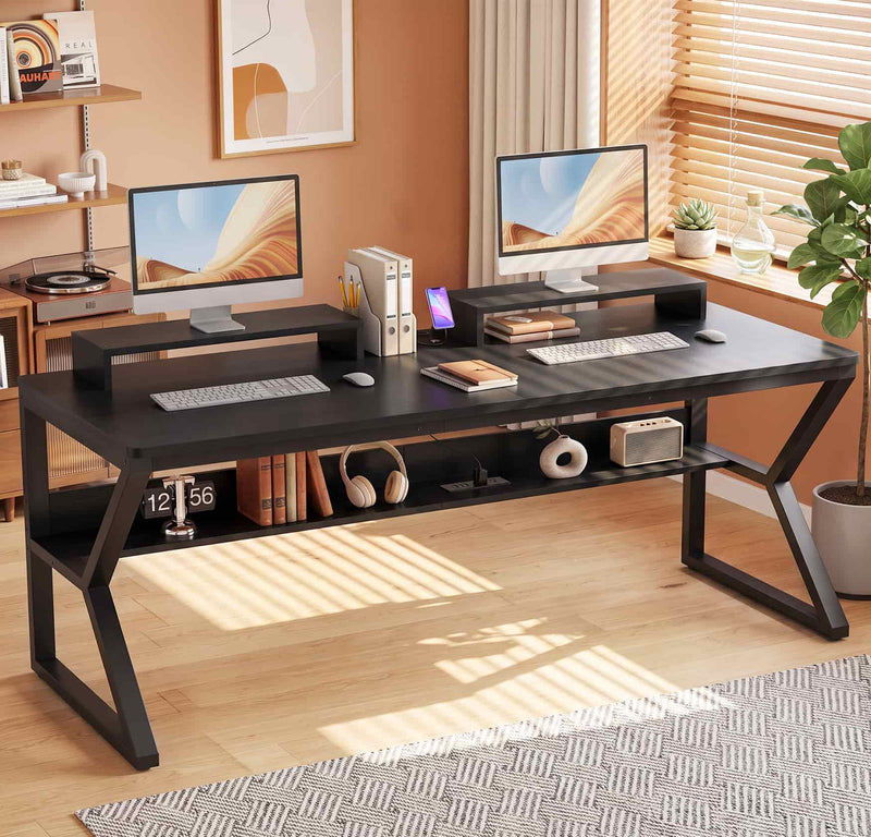 63-Inch Two-Person Computer Desk with Power Outlets, Storage Shelf