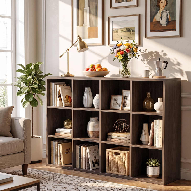 47.7" Wide 12-Cube Storage Shelf Bookcase, Wooden Open Organizer with Full Back Panel, Fits 11x11" Bins, Bookcase for Home Office, Bedroom
