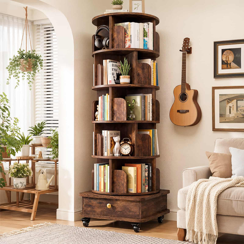 5-Tier Rotating Bookshelf, Corner Book Shelf with Drawer & Wheels, 70" Tall Solid Wood Spinning Bookcase