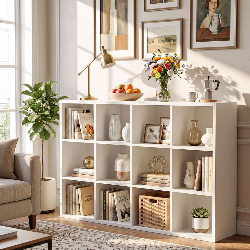 47.7" Wide 12-Cube Storage Shelf Bookcase, Wooden Open Organizer with Full Back Panel, Fits 11x11" Bins, Bookcase for Home Office, Bedroom