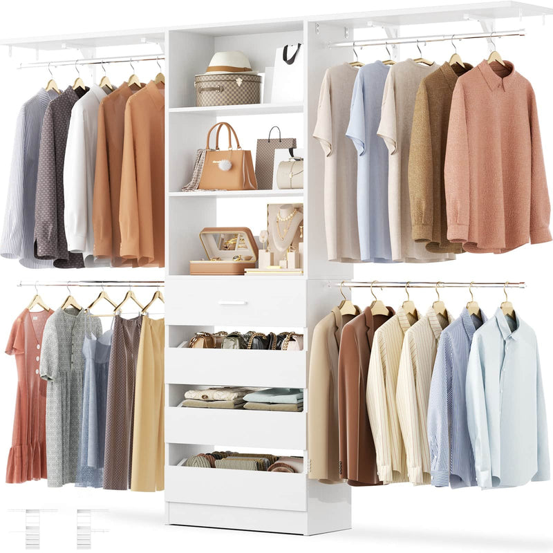 Closet System with 4 Drawers, 8FT Wood Closet Organizer Built In System Tower with Shelves & 4 Rods