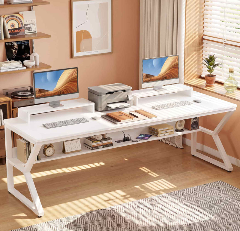71-Inch Two-Person Computer Desk with Power Outlets, Storage Shelf