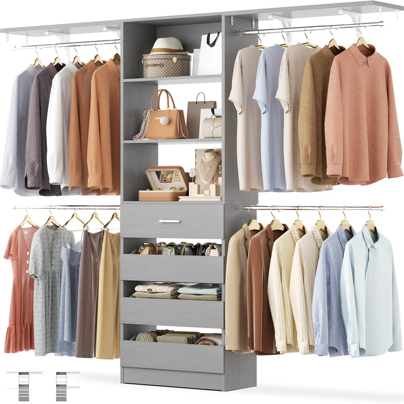 Closet System with 4 Drawers, 8FT Wood Closet Organizer Built In System Tower with Shelves & 4 Rods
